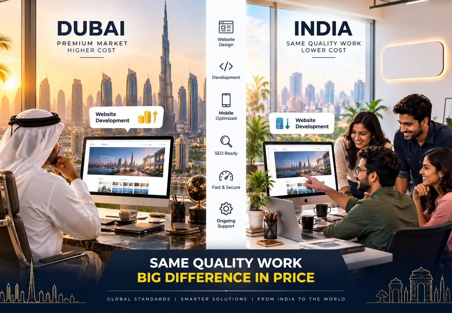 Dubai vs India website development comparison showing same quality work with a big difference in price