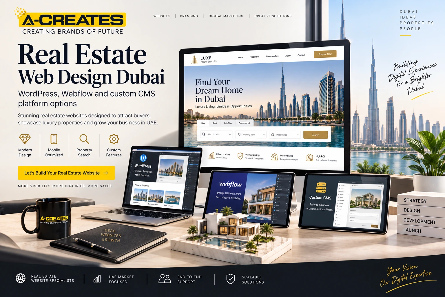 Real estate web design Dubai — WordPress, Webflow and custom CMS platform options