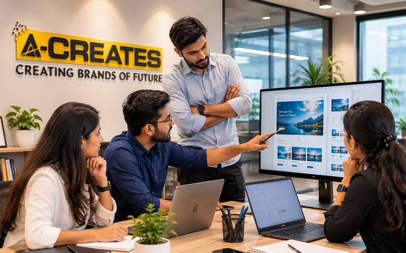 A-Creates team reviewing a website design at their Gurgaon office
